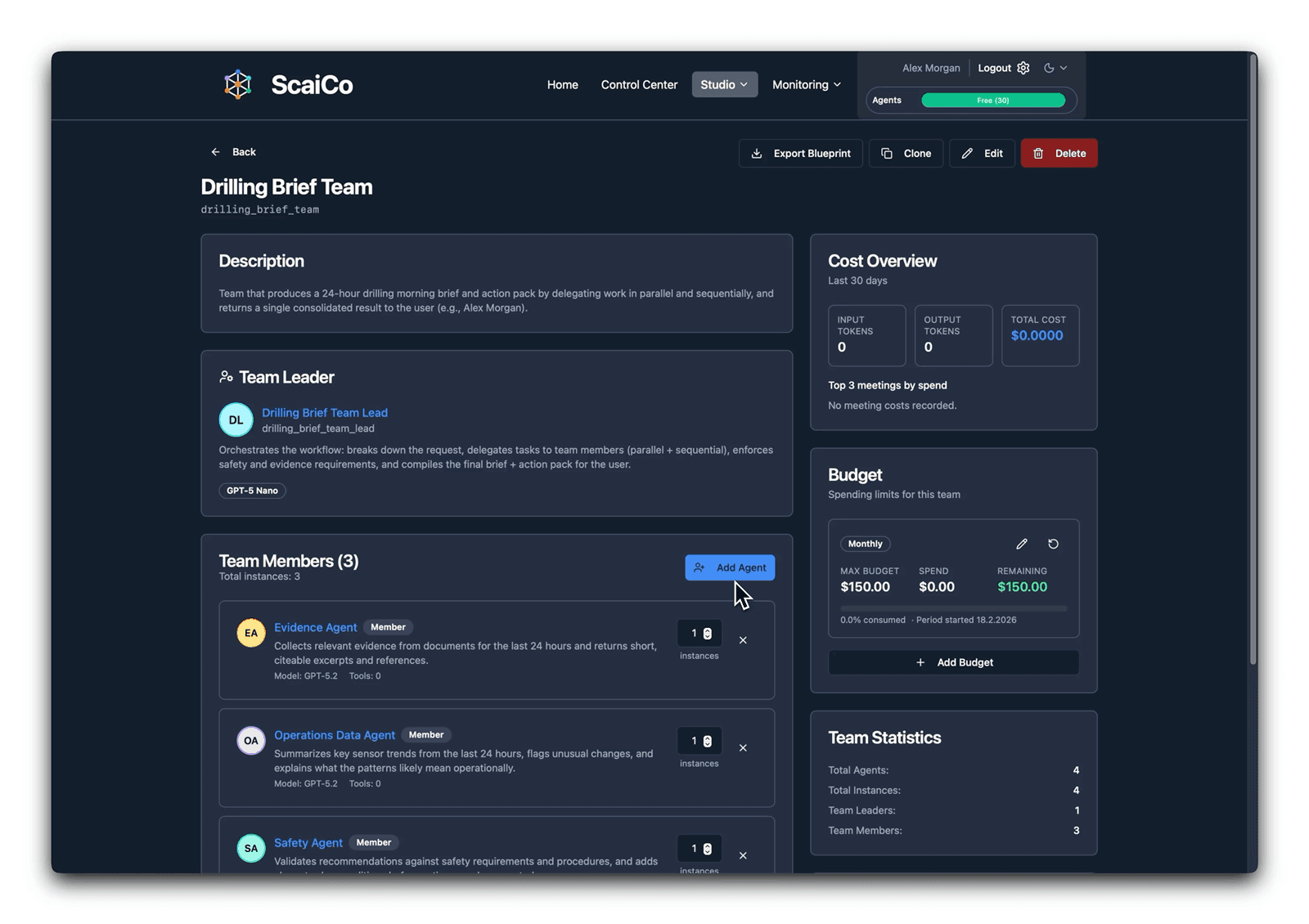 Scaico team view with team members, cost overview, and budget controls attached to the same operating surface.
